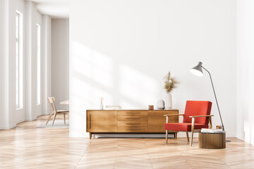 Bright contemporary waiting room interior with wooden sideboard