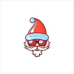 Santa Claus head with Santa red hat and hipster sunglasses isolated on white Christmas background. Santa label or sticker design