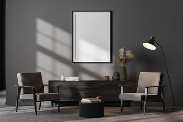 Dark contemporary waiting room interior with white empty poster