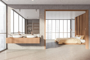 Living room interior with bedroom and two sinks, panoramic window with city view