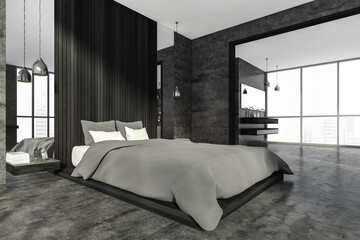 Living room interior with bedroom and sinks, panoramic window with city view