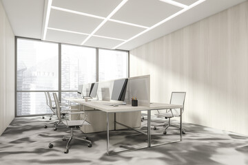 Fototapeta premium Business room interior with armchairs and computers, city view