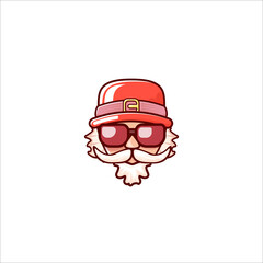 Santa Claus head with Santa red hat and hipster sunglasses isolated on white Christmas background. Santa label or sticker design