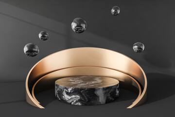 Black and golden podium with spheres for product display, mockup