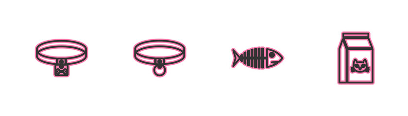 Set line Dog collar, Fish skeleton, Collar and Bag of food for cat icon. Vector