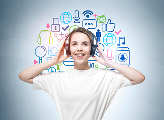 Young woman with headphones, sketch with social media icons