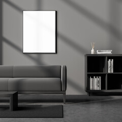 Dark cozy waiting room interior with grey sofa and poster