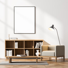 Bright waiting room interior with beige armchair and white poster