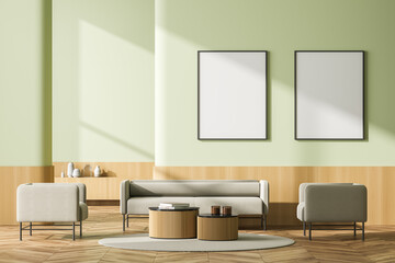 Living room interior with two white poster on green wall