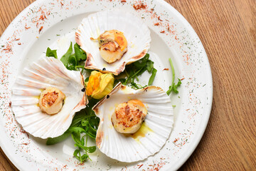 Grilled scallops on the plate with salad