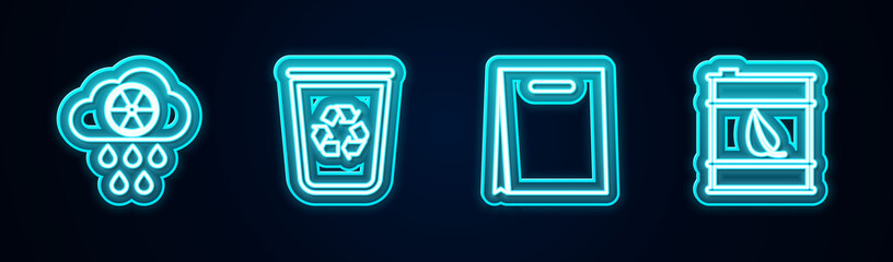 Set line Acid rain and radioactive cloud, Recycle bin with recycle, Shopping bag and Bio fuel barrel. Glowing neon icon. Vector