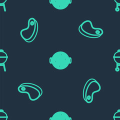 Set line Barbecue grill with sausage, Steak meat and on seamless pattern. Vector