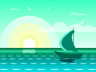 Fototapeta premium Vector graphics - a beautiful seascape with the silhouette of a sailing yacht against the background of the golden morning sun and flying gulls in the sky. Concept - summer vacation and travel