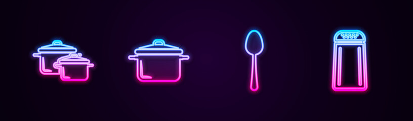 Set line Cooking pot, , Spoon and Salt and pepper. Glowing neon icon. Vector