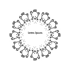 Graphic circle frame with cute simple birds. Great black and white design element. 