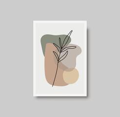 Botanical wall art abstract vector. Foliage line drawing. Neutral boho art print. Minimal mid century wall art print for bedroom decor. Gallery decor poster, terracota watercolor. Vector poster