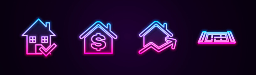 Set line House with check mark, dollar, Rising cost of housing and plan. Glowing neon icon. Vector