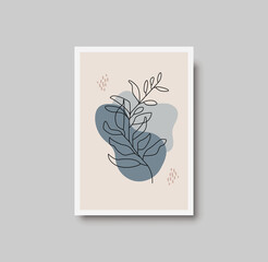 Botanical wall art abstract vector. Foliage line drawing. Neutral boho art print. Minimal mid century wall art print for bedroom decor. Gallery decor poster, terracota watercolor. Vector poster