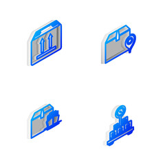Set Isometric line Location with cardboard box, Cardboard traffic, Cargo ship boxes and Scale icon. Vector