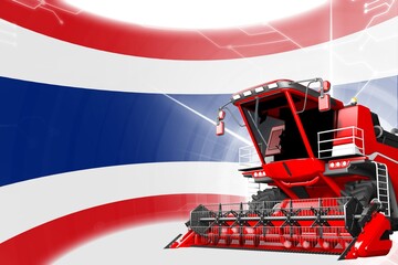 Obraz na płótnie Canvas Digital industrial 3D illustration of red advanced grain combine harvester on Thailand flag - agriculture equipment innovation concept