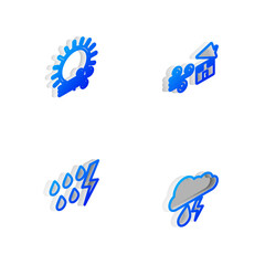 Set Isometric line Tornado swirl, Wind and sun, Storm and Cloud with rain lightning icon. Vector