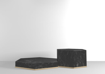 Luxury Hexagon podium black granite for show cosmetic product geometric on white background. 3D rendering