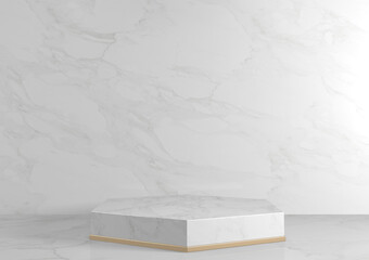 Luxury Hexagon podium white granite for show cosmetic product geometric. 3D rendering