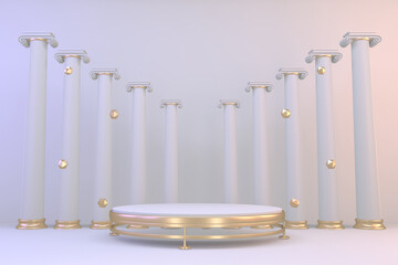 3d rendering. Modern minimalistic mock up gold podium abstract cylinder display.