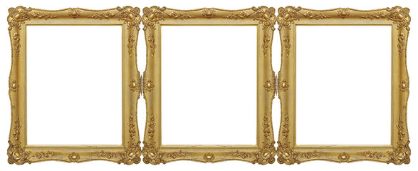 Triple golden frame (triptych) for paintings, mirrors or photos isolated on white background....