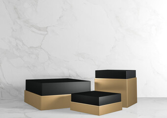 black and gold Square rectangle Pedestal white for cosmetic product on background granite white. 3d rendering