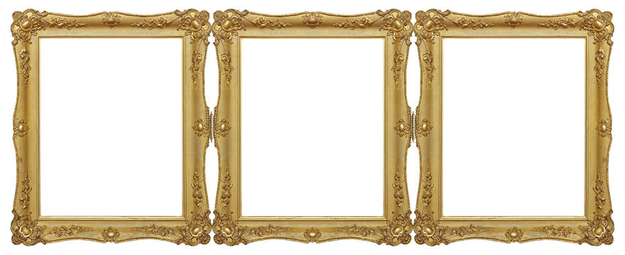 Triple golden frame (triptych) for paintings, mirrors or photos isolated on white background. Design element with clipping path