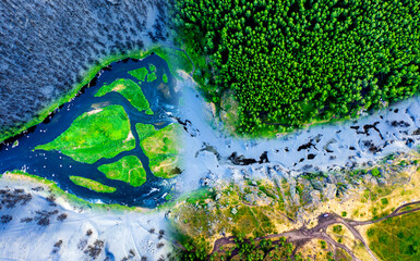 summer forest with a winter river in the ice, overlay of two images from drone, nature
