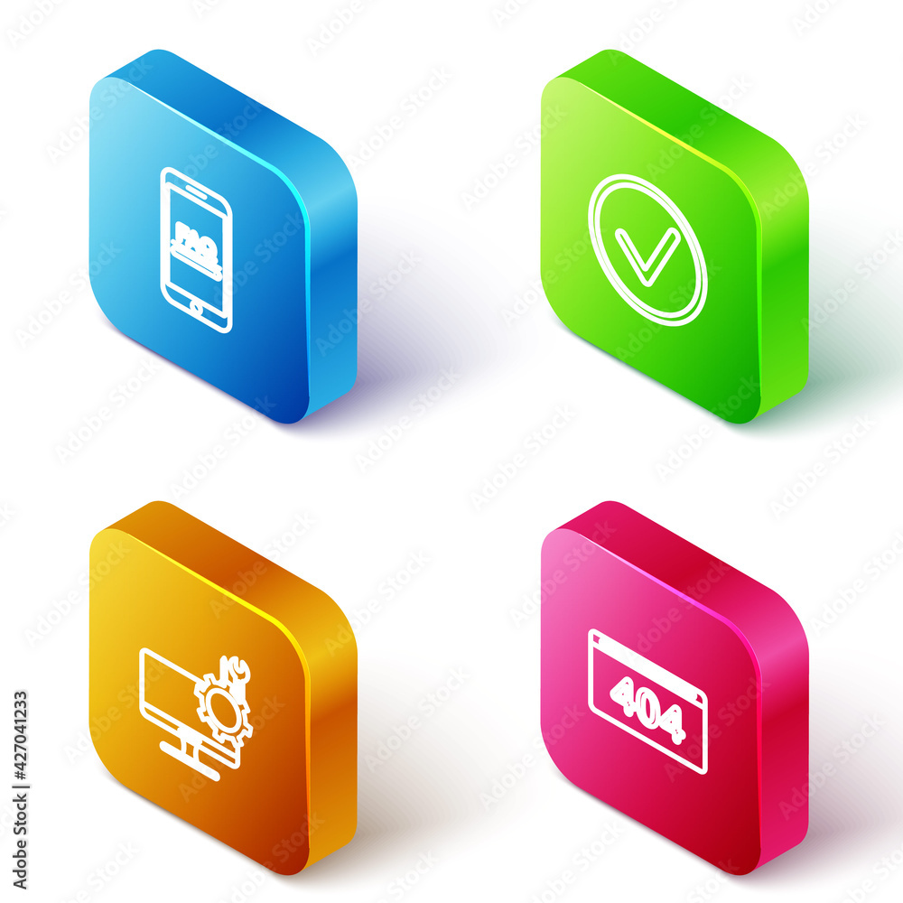 Aufkleber set isometric line mobile with faq information, check mark circle, computer monitor service and page