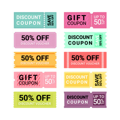 Multicolor coupon discount label and tag collection with flat design.
