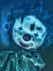 Old and dirty clown dolls are smiling happily in the dark atmosphere of Halloween.