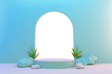 3d rendering. Modern minimalistic mock up  green podium abstract cylinder display.