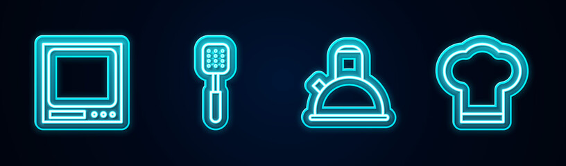 Set line Electronic scales, Spatula, Kettle with handle and Chef hat. Glowing neon icon. Vector
