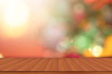 Naklejka na ściany i meble Blank table product. Empty wooden deck table with abstract blurred bokeh natural color background