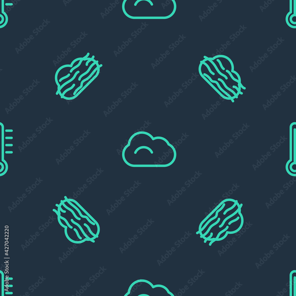 Poster set line cloud, fog and cloud and meteorology thermometer on seamless pattern. vector
