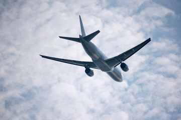 Departure for vacation in a large white airliner. Cloudy sky.