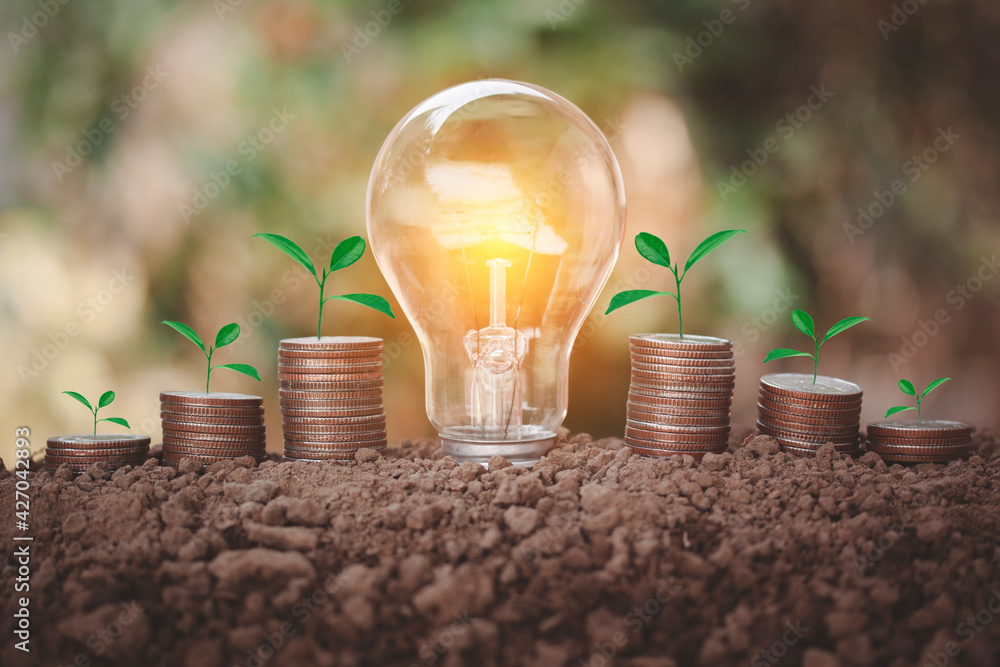 Poster energy saving light bulb in the midle of coin stacks with tree on top on soil to show step of saving