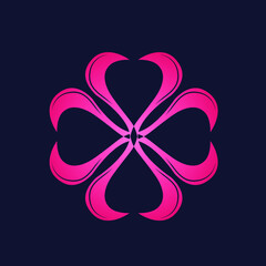 Flower logo.Abstract geometric icon.Pink color.Decorative, ornamental style symbol.Natural element sign isolated on dark background.Beauty, spa, elegant, feminine mark.Heart love lines.