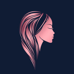 Beauty salon logo.Beautiful woman profile portrait.Long, wavy hairstyle icon.Sign for spa, aesthetics, beautician, hair studio business.Modern, elegant, luxury style hairdresser symbol.Face makeup.