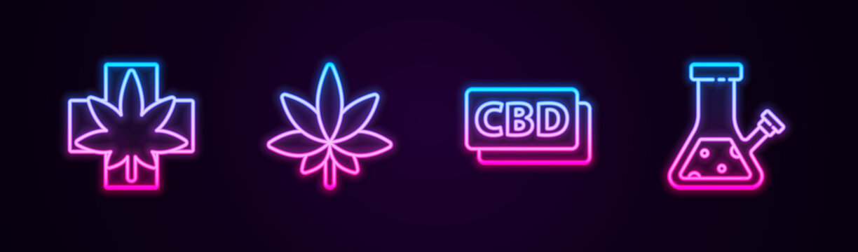 Set line Medical marijuana or cannabis leaf, Marijuana, Cannabis molecule and Glass bong for smoking. Glowing neon icon. Vector