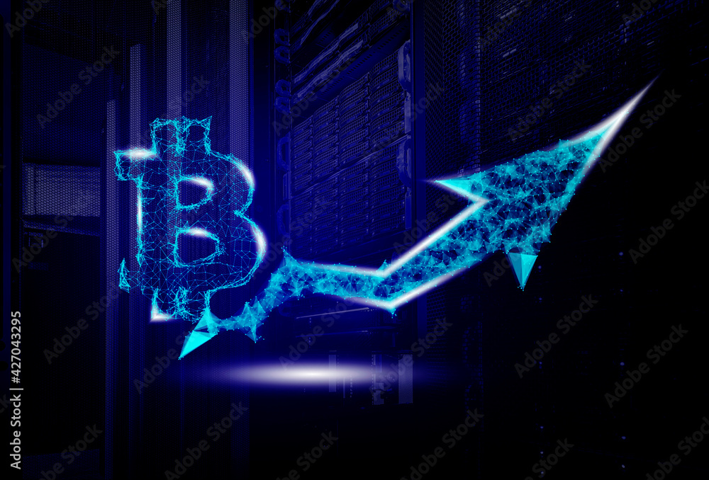 Poster 3d renering concept of bitcoin growth, the plexus symbol of the cryptocurrency with an upward growth