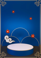 Art blue vertical background Japanese style for show the product. 3D rendering