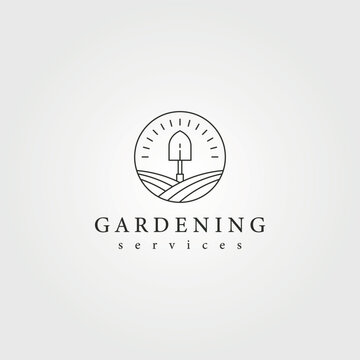 garden landscape shovel logo vector creative illustration design, line art logo design