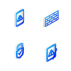 Set Isometric line Firewall, security wall, Mobile with exclamation mark, Lock and check and Tablet icon. Vector