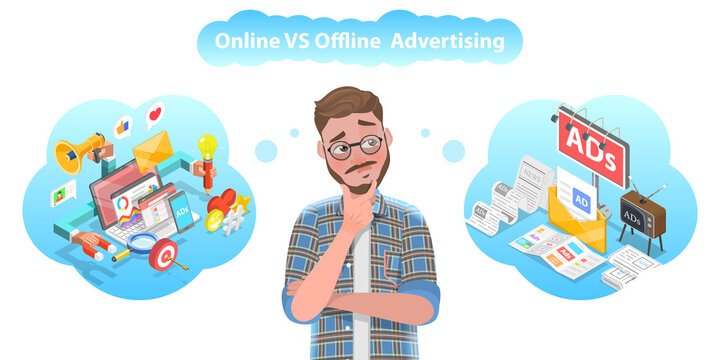 3D Vector Conceptual Illustration Of Online Vs Offline Advertising.