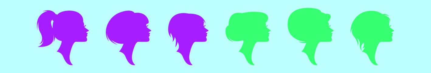 set of woman hair style cartoon icon design template with various models. vector illustration isolated on blue background